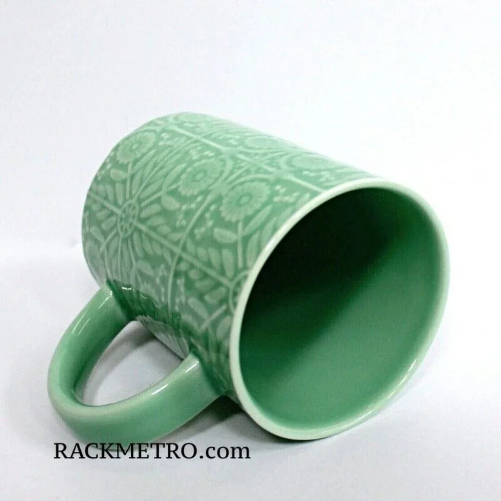 Starbucks Jade Green Floral Handle Coffee Mug Cup 12 oz
